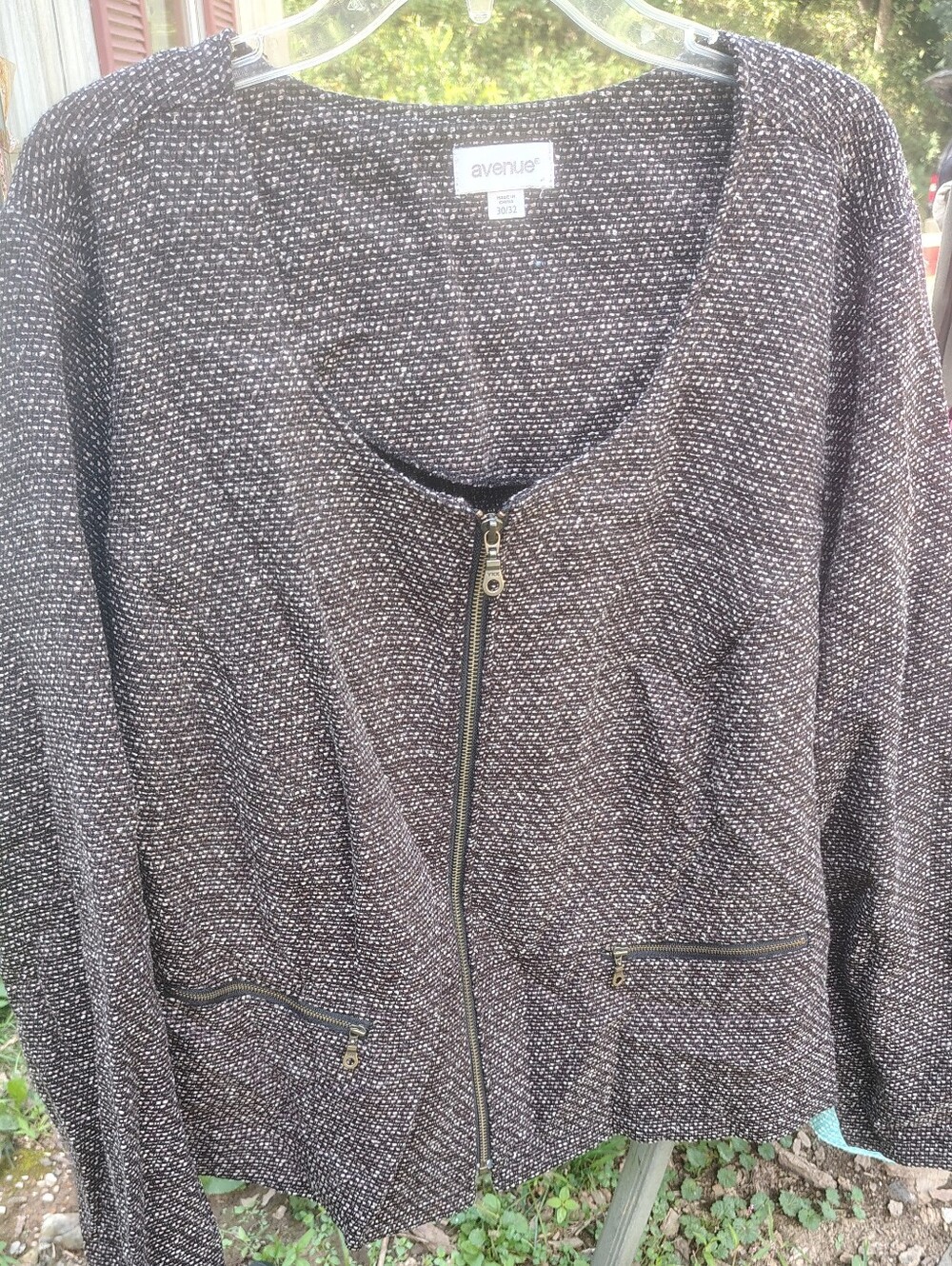 Avenue Brown Speckled Zip-Front Tweed Jacket